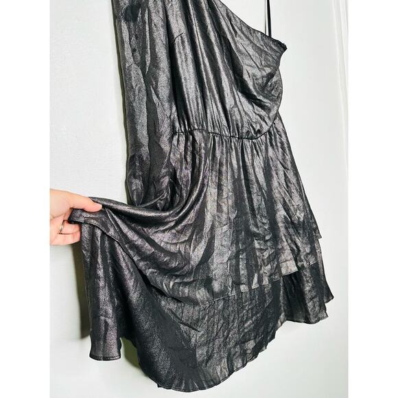 DEREK LAM Silver Metallic One Shoulder Pleated Black Mini Dress Size EU 44 - Picture 10 of 12